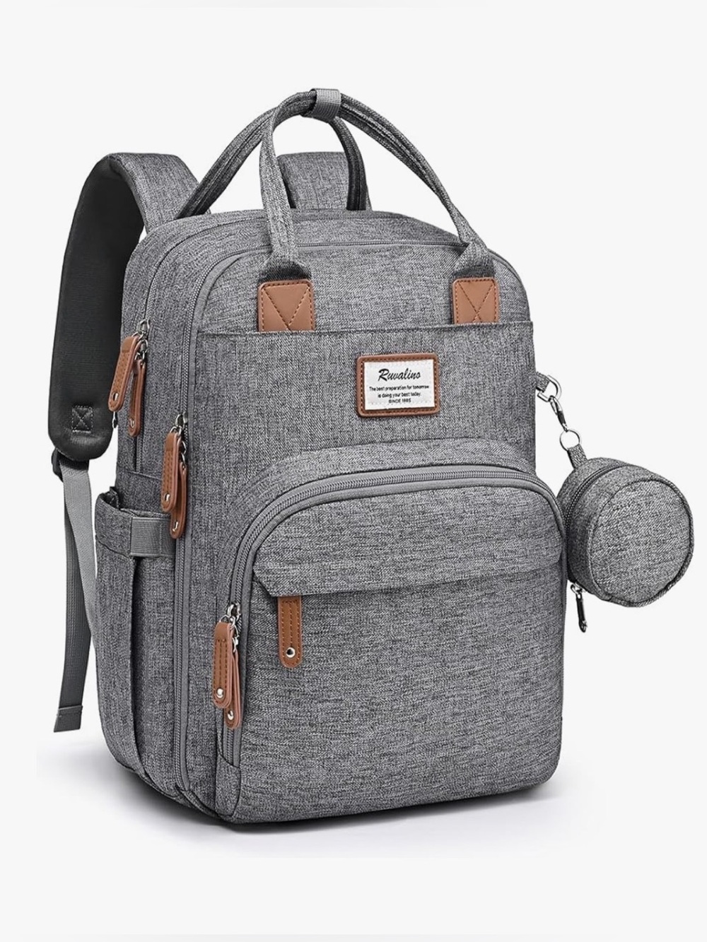 Ruvalino -  Diaper Bag Austere Gray Multi-Pocket Backpack with Brown Accents